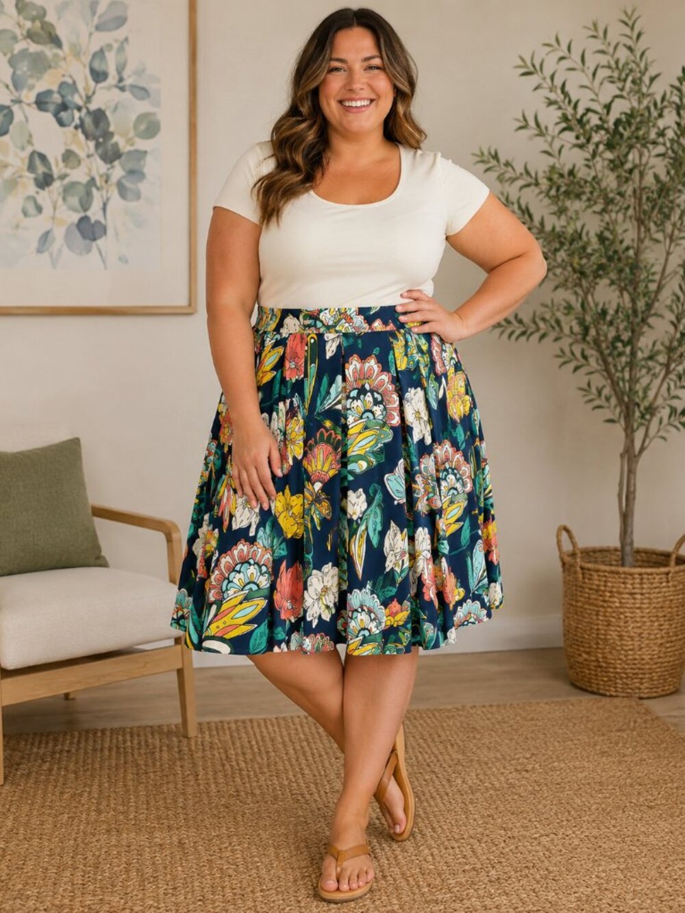 LuLaRoe Madison Floral Pleated Skirt, Navy Base with Multicolor Floral Print, 3X
